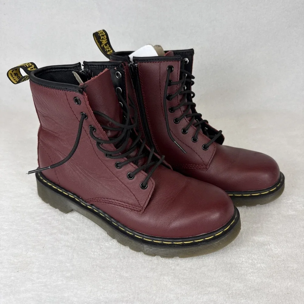 Dr Martens Air Wair Delaney Girls Combat Boots Youth 4 Burgundy Faux leather